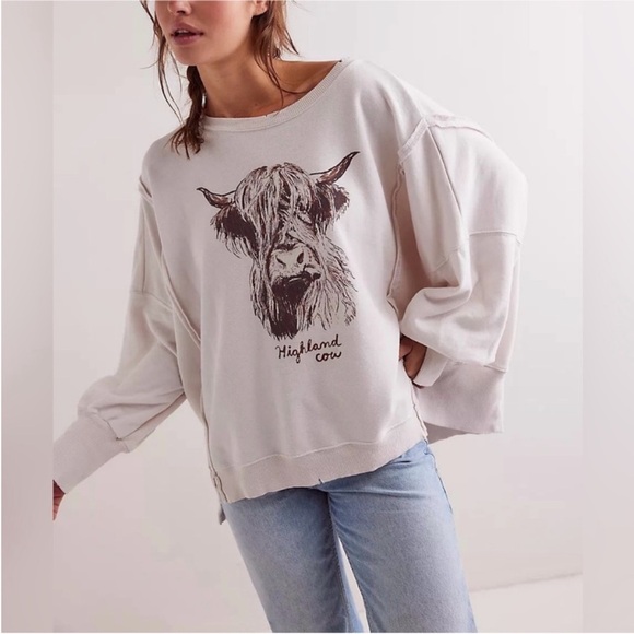 NWOT Free People We The Free Graphic Camden Pullover- highland cow combo - Large - Picture 2 of 10